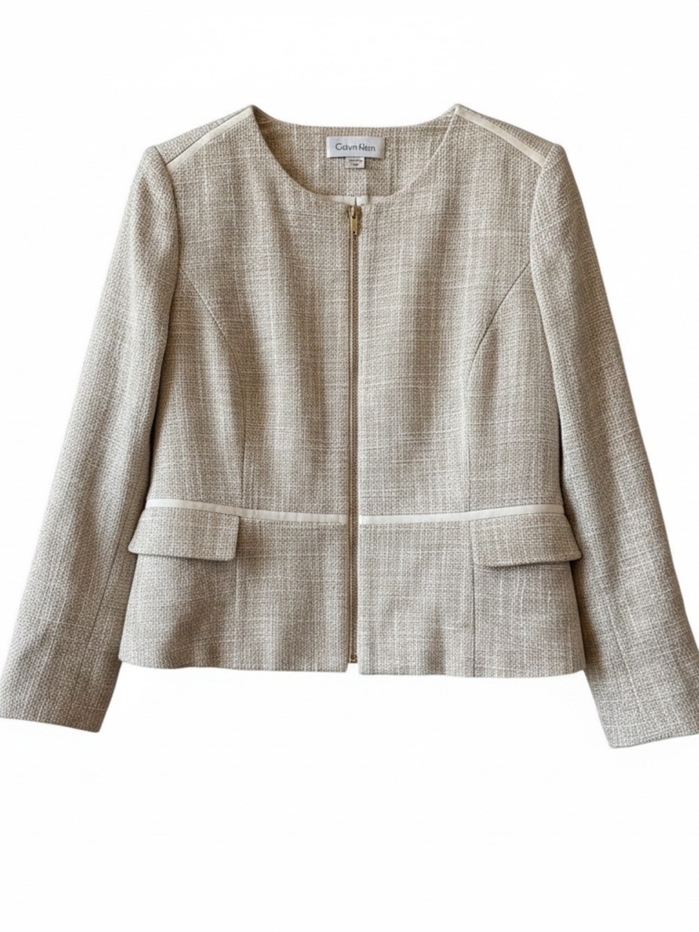 Calvin Klein Women’s Beige Tweed Zip Front Blazer Jacket Size 16
